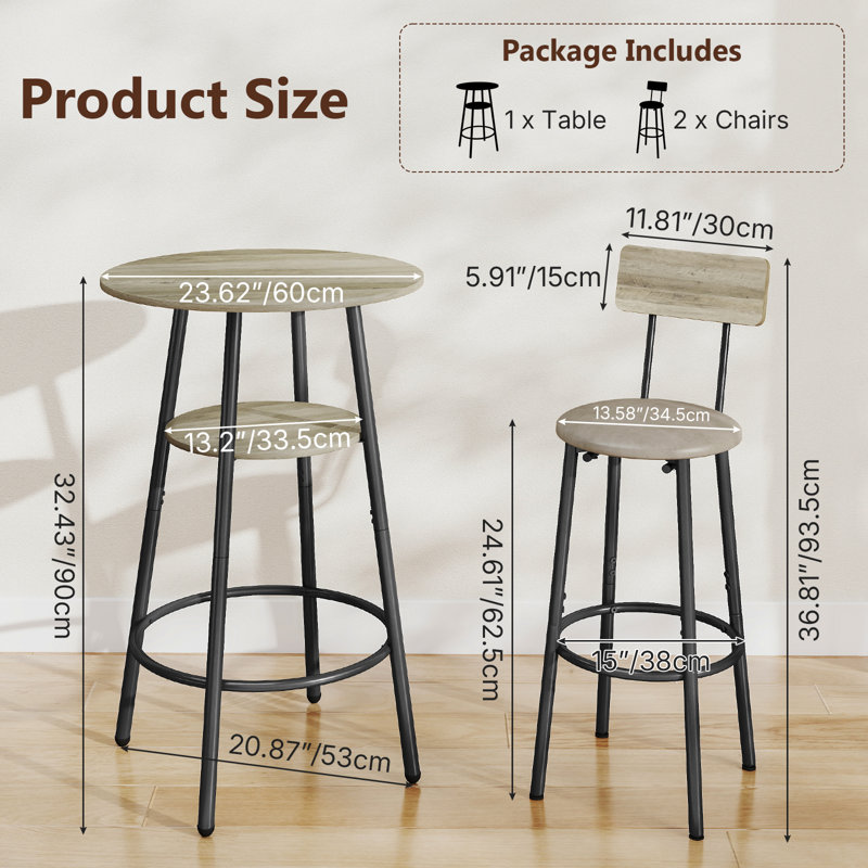 Ensemble de table de bar ronde 3 pièces avec rangement, table de salle à manger à hauteur de comptoir pour 2 personnes, tabourets rembourrés avec dossier, peu encombrante Ensemble de table de bar ronde 3 pièces avec rangement, table de salle à manger à hauteur de comptoir pour 2 personnes, tabourets Saving Petit déjeuner