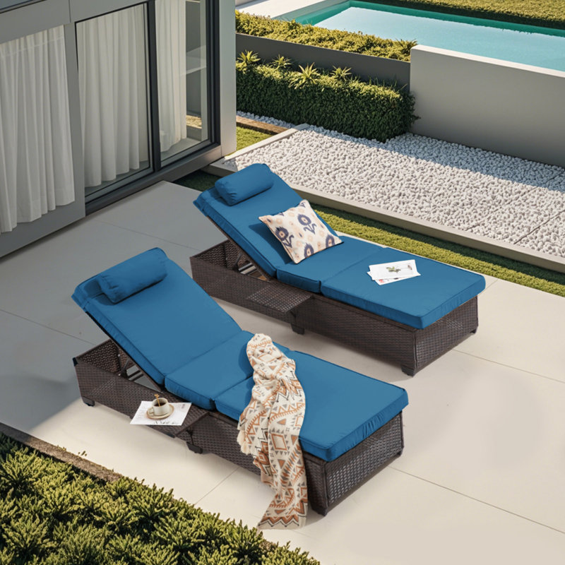 2-Pack Adjustable Outdoor Lounge Chairs, Poolside Chaise Lounge With 5-Position Backrest, Thick Cushion & Cup Holder, All-Weather PE Rattan Patio Furniture