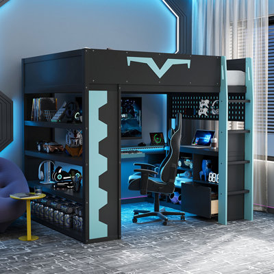 Full Size Gaming Loft Bed With Integrated Desk, RGB LED Lights, And Storage, Ultimate Pro-Gamer Station, 3 Colors Available