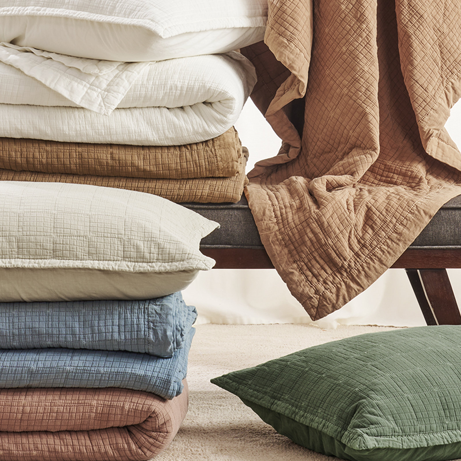 Stonewashed Crinkle Cotton Box Stitch Quilt Set, Flax Beige, Queen Quilt + 2 Queen Shams