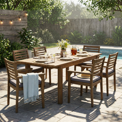 Ensemble de salle à manger 7 pièces en bois d'acacia avec 6 chaises et 1 grande table, parfait pour la pelouse, la cour, le jardin, la terrasse et la piscine