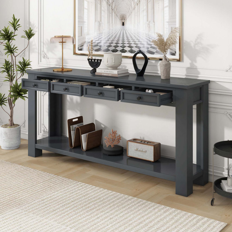 Console Table/Sofa Table With Storage Drawers And Bottom Shelf For Entryway Hallway, Tan