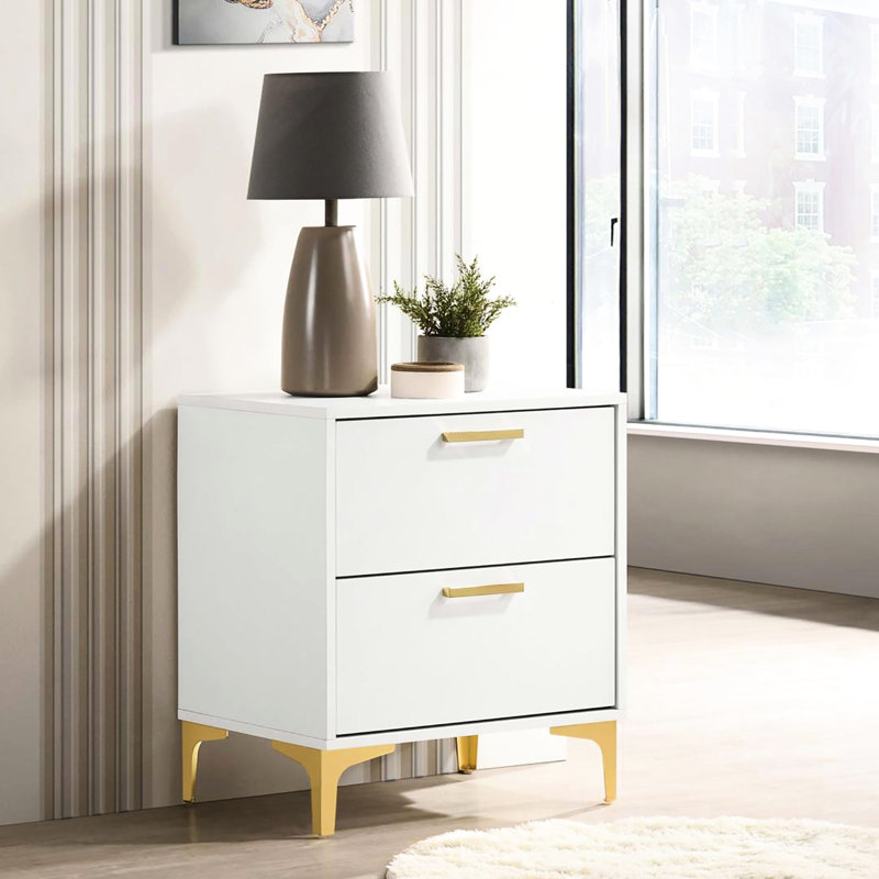 Table de chevet blanche et dorée pour la chambre à coucher - 2 tiroirs, rangement spacieux, look, joints inclus et amplement d'espace de rangement, style