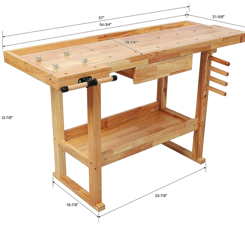 55" Wood Workbench, Heavy Duty Woodworking Bench with Adjustable Handle, 300Lbs Load Capacity Woodworking Table Work Bench with Storage for Garage, Workshop, Home Storage