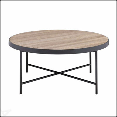 Round Wooden Top Coffee Table with Metal Frame, Combining Rustic Charm and Industrial Durability for Modern Living Spaces.