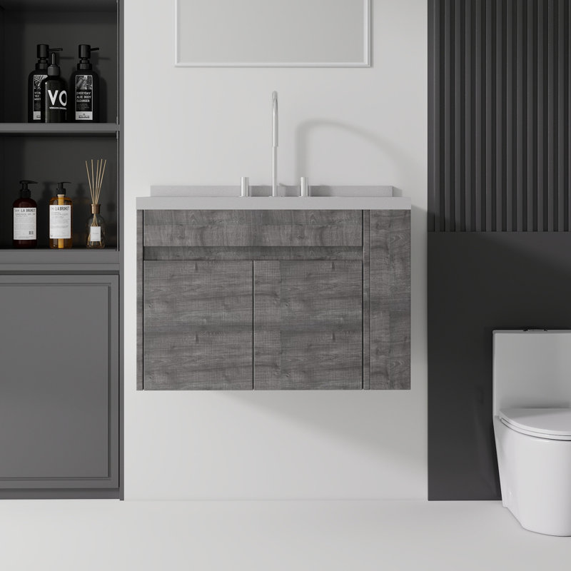 Meuble-lavabo flottant 30 po avec lavabo et porte à fermeture en douceur, Gris, 30"