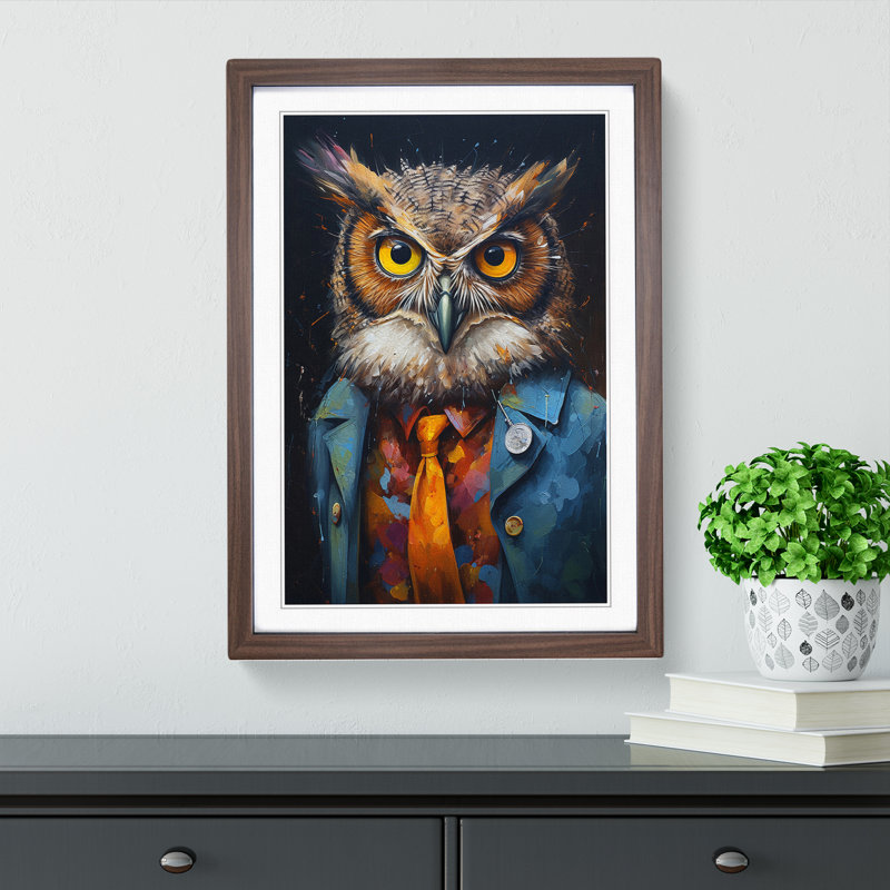 Owl With Glasses Painting - Single Picture Frame Print on Wood, Walnut Framed, 64cm H x 46cm W x 2cm D