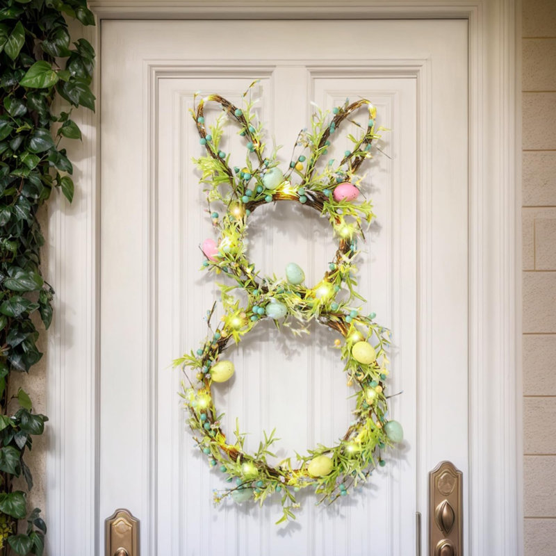 [Minuteur] Couronne de lapin de Pâques pour la porte d'entrée, couronnes de Pâques éclairées avec 30 lumières DEL chaudes, couronnes de lapin pliables, couronne d'œufs de Pâques pré-éclairée pour la décoration printanière