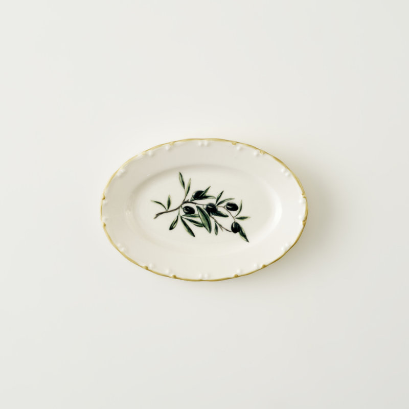 Plateau de service ovale en porcelaine olive, H 8 po x l 8 po x P 2 po