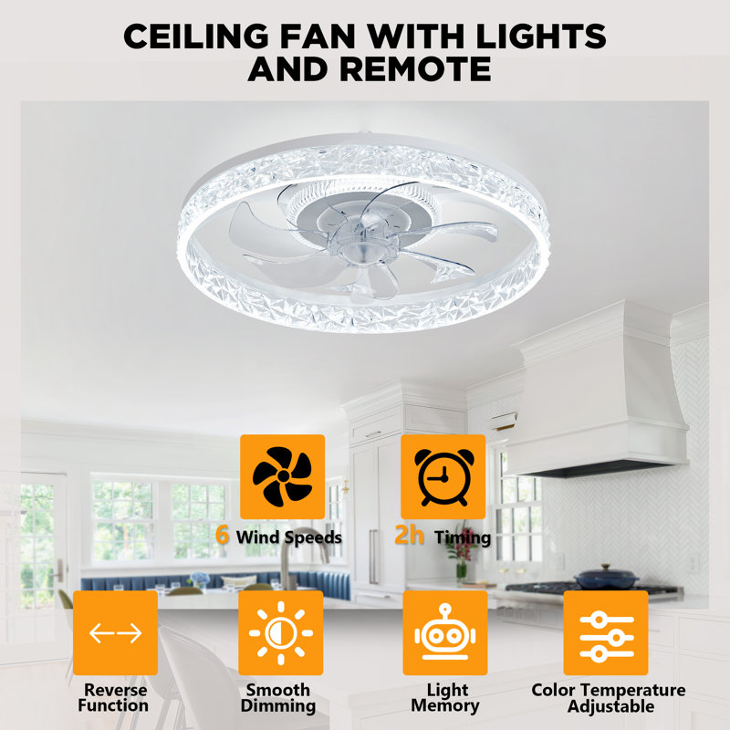 Ventilateur de plafond intérieur encastré avec lumière DEL et télécommande, Blanc