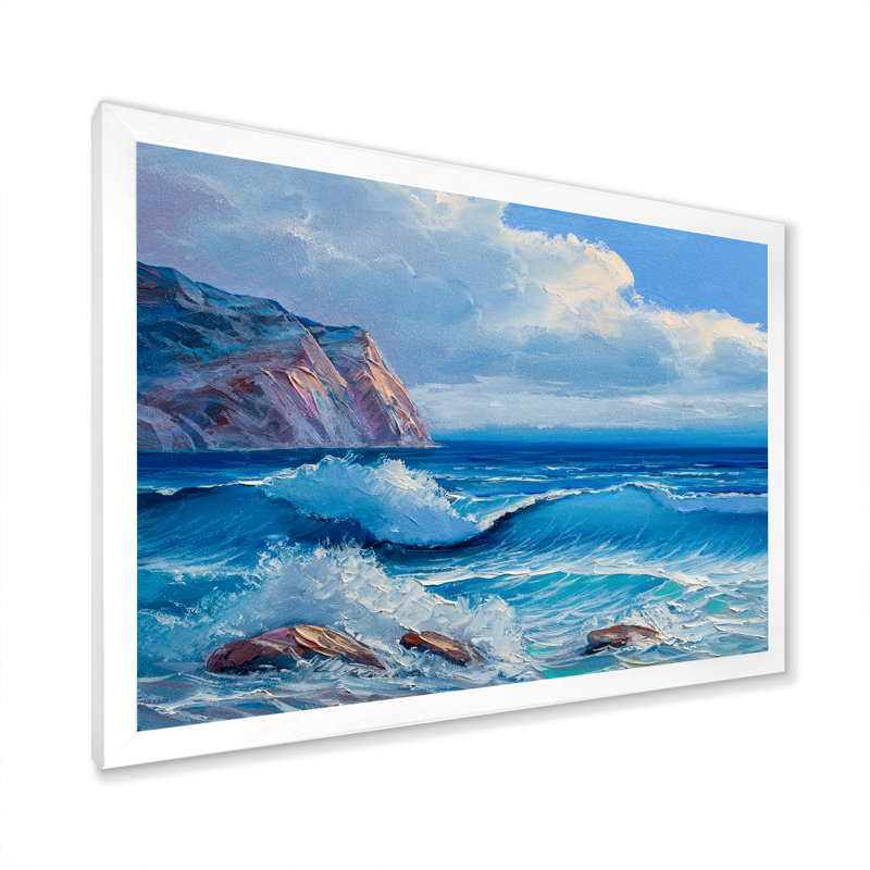 «Blue Ocean Waves Scenery IV», peinture sur toile, H 16 po x l 32 po x P 1 po, Cadre photo blanc