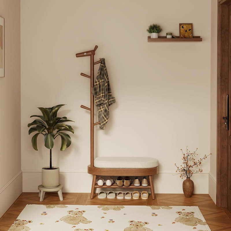 Banc à chaussures en bois d'hévéa avec portemanteau et rangement, organisateur de vestibule avec siège rembourré, Brun