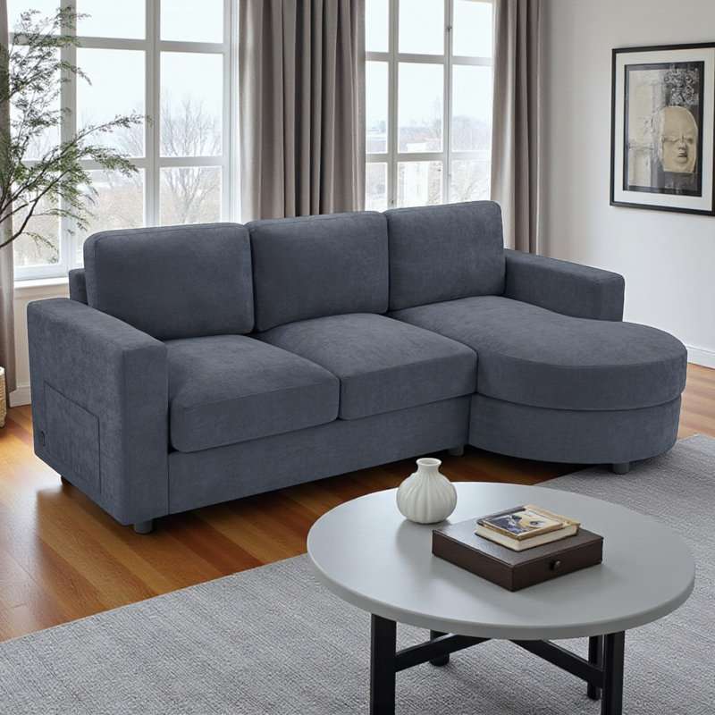 L-Shaped Sectional Sofa With Chaise And USB Ports, Blue Chenille
