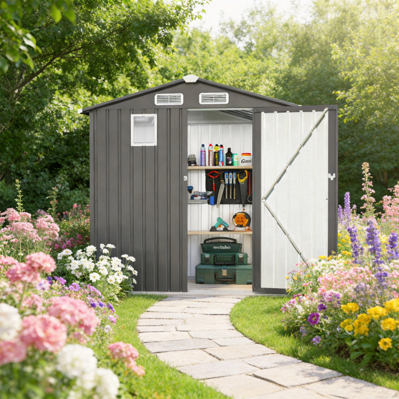 6X3.6Ft Metal Outdoor Storage Shed, Gray With Window & Lockable Door