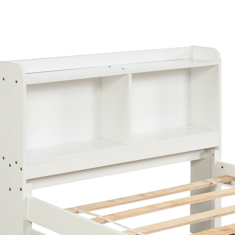 Lit simple avec bibliothèque et lit gigogne en blanc - Compartiments de rangement élégants pour la chambre à coucher, Twin