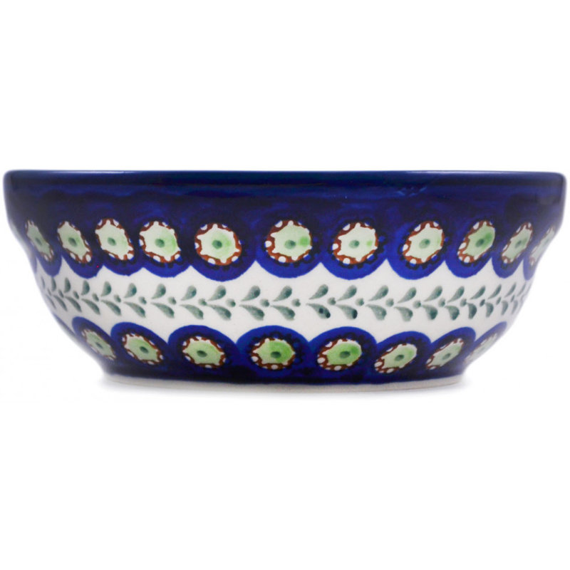 Polish Pottery 6 Inch Stoneware Bowl - Green Laurel Peacock