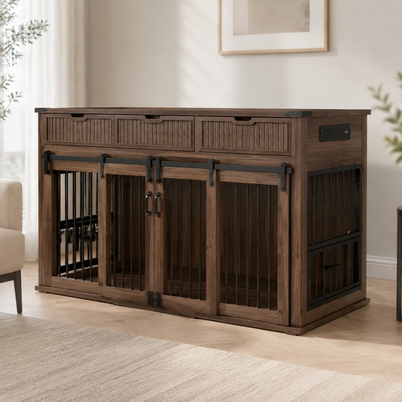 Meuble double 71 po en MDF à grain de bois noyer avec 3 tiroirs cannelés et station de charge pour le salon, la chambre à coucher