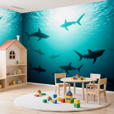 Wall Mural Peel and Stick Wallpaper Silhouettes sharks underwater ocean against bright light 3D rendered Self-Adhesive Removable Contact Paper Wall Decor for Living Room Bedroom