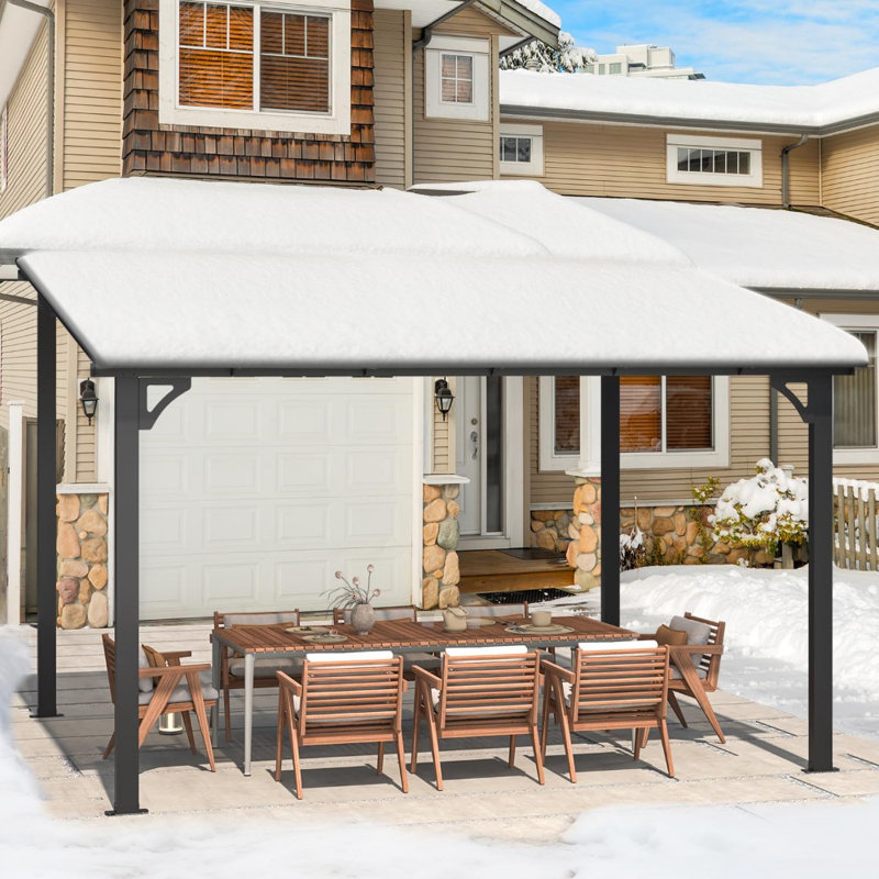 Large Hard Top Lean To Metal Gazebo With Patio Roof, 96" H x 144" W x 120" D
