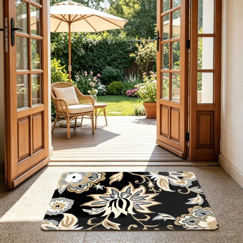 Black Beige Floral Paisley Door Mat 24"X 36" for Front Door