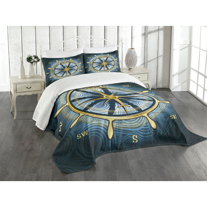 Ambesonne Compass Bedspread Set Yellow Navigation Yellow Navy Blue, King Bedspread + 2 Standard Shams