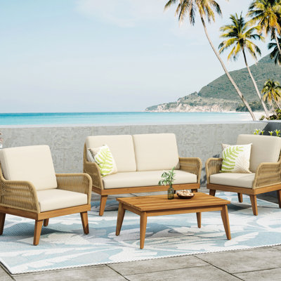 Wood Chat With Exquisite Rope Weave And Water- Cushions, 2 Chairs, & Coffee Table Outdoor Furniture , Club