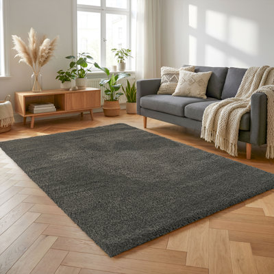 Tapis moderne lavable, couleur anthracite pur et uni, à poils longs.