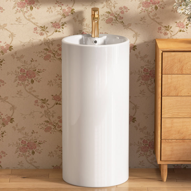 16.13" W X 33.44" H Circular Vitreous China Pedestal Sink Combo Ceramic White Bathroom Sink One-Piece Freestanding Vessel Basin Base with Single Pre-Drilled Faucet Hole & Integrated Overflow