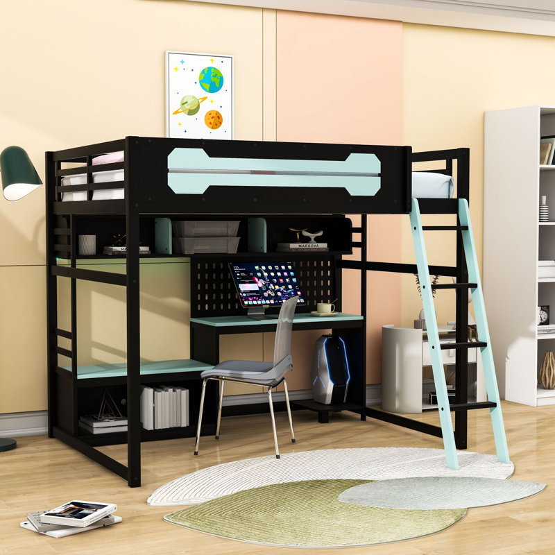 Lit mezzanine double avec lumières DEL, ports USB et bureau, Noir-bleu
