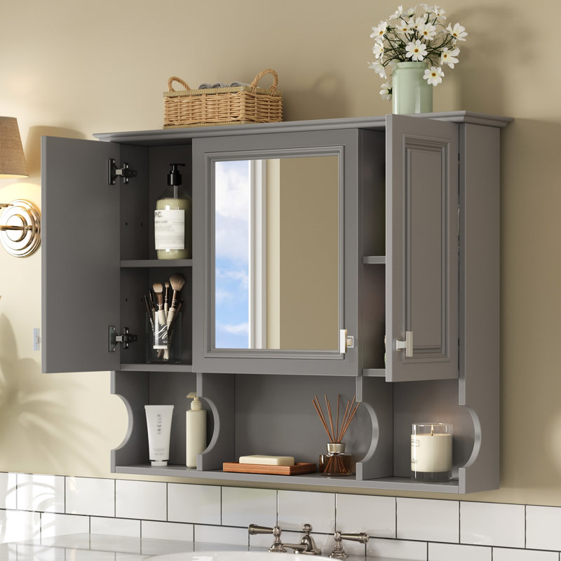 Armoire à pharmacie de 28,7 po de hauteur à fixation murale, avec rangement fermé et ouvert, salle de bain moderne 35 po 3 portes au look élégant, tablettes réglables - finition de qualité