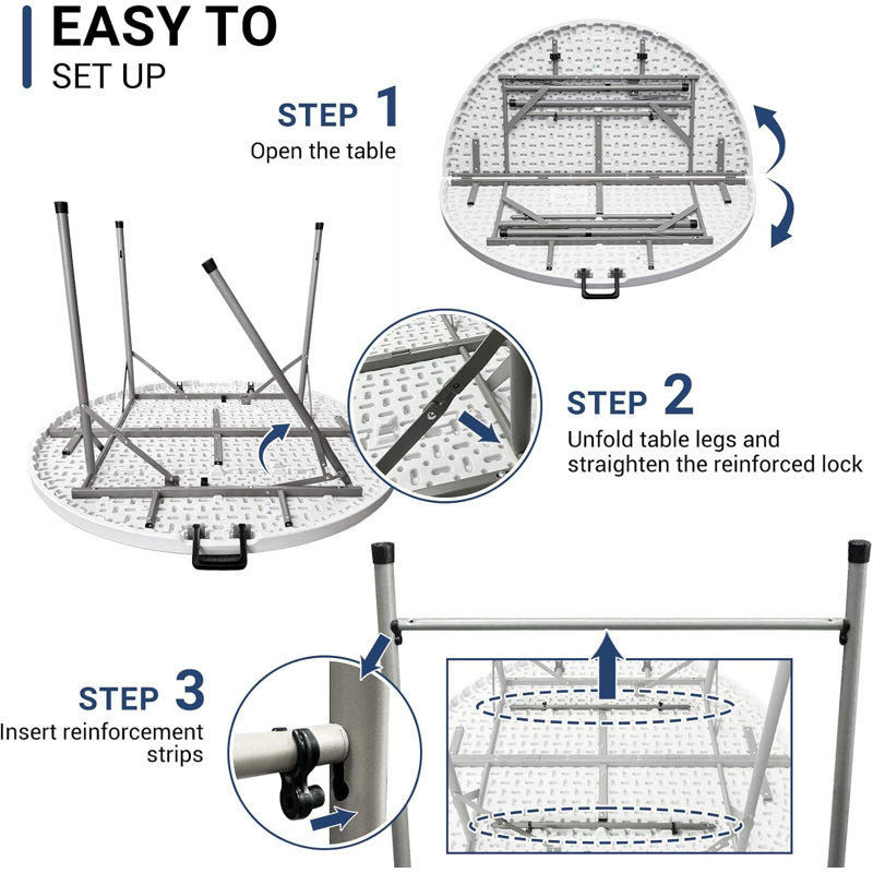 48-Inch Round Folding Table - Portable Plastic Dining Table With Carrying Handle