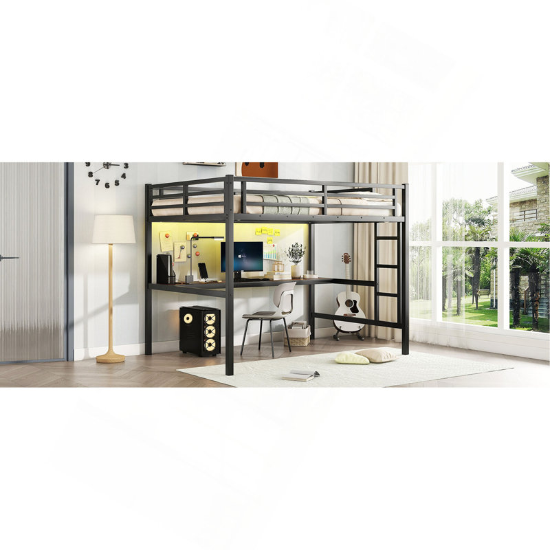 Metal Full Size Loft Bed  With Power Outlet And LED Lighted, Space-Saving, Noise Reduced, Black, Full