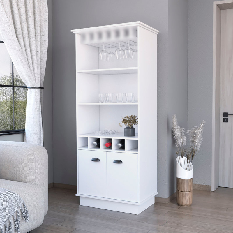 Updated White Bar Cabinet For Effective Storage - 3 Shelves, 5 Bottle , Glassware Placement Modern With Practical Features Display
