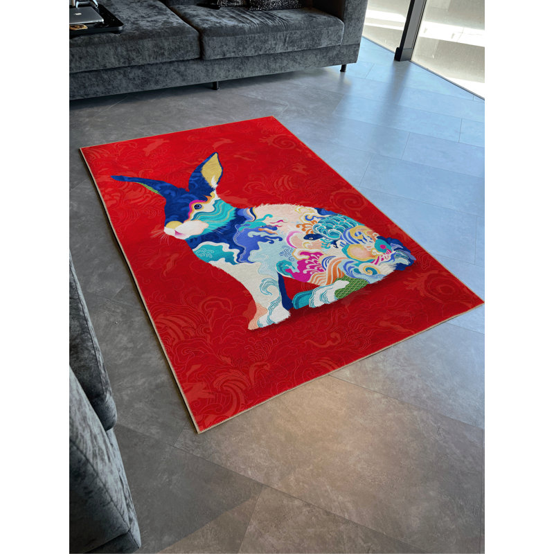 Tapis décoratif moderne rouge à motif de lapin multicolore rouge, Rectangle 3 pi 9,81 po x 6 pi 6,74 po