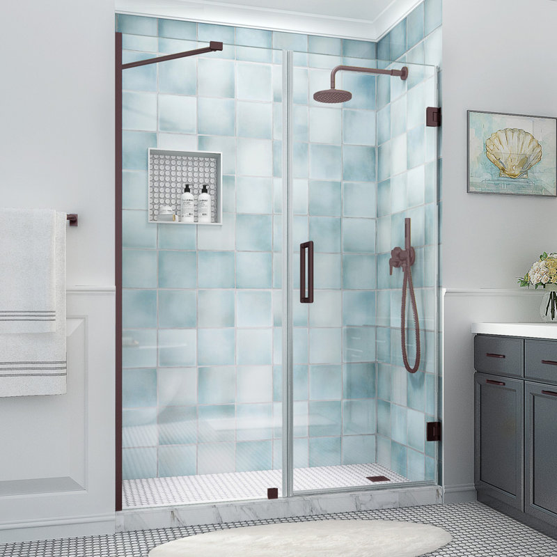 Belmore XL 61.25 - 62.25 in. x 80 in. Frameless Hinged Shower Door with Ultra-Bright Glass, Bronze, Clear Glass