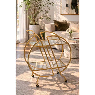Chariots de bar Gold pour le chariot de service Home Bar, chariot de bar roulant doré avec roulettes verrouillables, chariots de bar en verre avec 2 tablettes en miroir, chariots à vin ronds de rangement pour la cuisine, fête