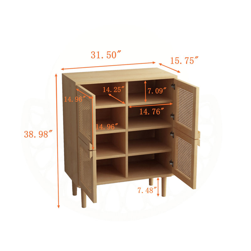 4-Doors Rattan Mesh Storage Cabinet, Natural Wood
