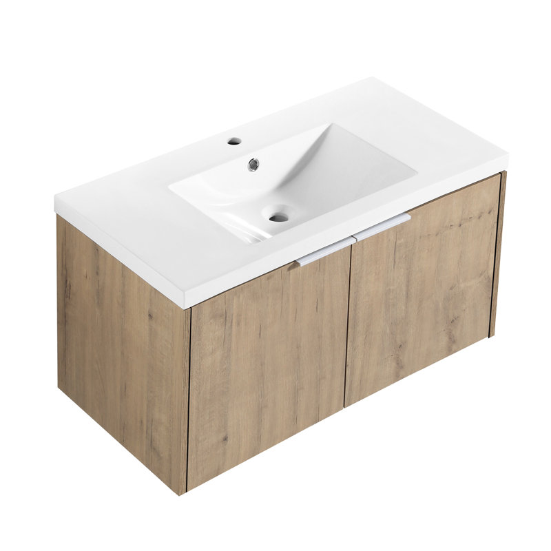 Meuble-lavabo de 36 po avec lavabo en résine, portes à fermeture en douceur, chêne imitation, fixation murale, grand meuble-lavabo encastré dans une caisse, 2 pochettes