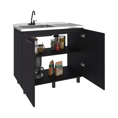 Utility Sink Complete With Faucet, Freestanding Base, And Interior Shelf, Black + Dark Walnut, For Garage Craft Spaces, 34.41 In High Modern Exchange Option Faucet Suitable Room,