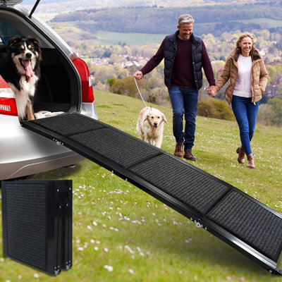 Extra Wide Dog Steps 63" Long, Portable Folding With Non - Slip For Dogs Up To 250lbs Enter Car, & Truck, Aluminium Alloy Grey Ramp 17" Wide, Long Sur