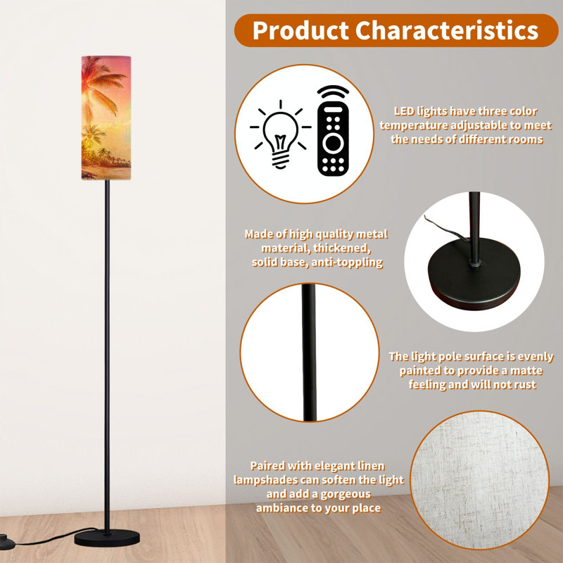  68.5" Standing Floor Lamp Tropical palm tree colorful bokeh sun light sunset sky cloud abstract Dimmable Metal Pole Lamp with Linen Lampshade LED Bulb Included
