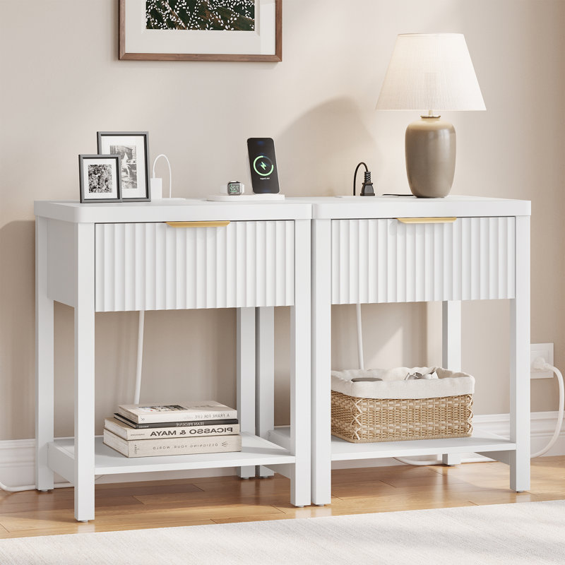 1 Pc Modern Nightstand With Charging Station, Usb & Type-C Ports – Bedside, End, Or Side Table With Drawer & Open Shelf For Bedroom, Living Room, Guest Room, Or Apartment Small Spaces – Black/White/Oak/Walnut