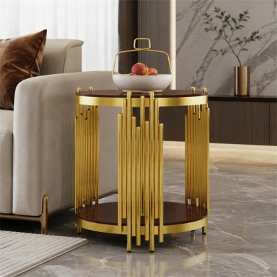 Table de bout de luxe moderne dorée 19,69 pouces avec verre trempé brun de 8 mm et pieds en acier inoxydable pour le salon