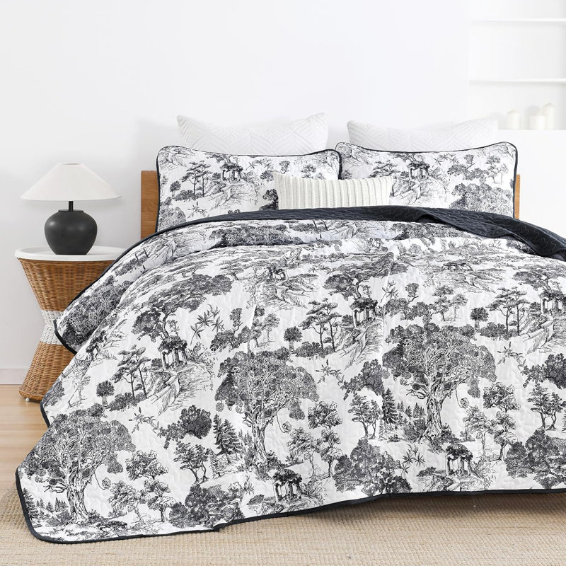 Ensemble de courtepointe à motif de plantes 3 pièces Botanical Toile, Courtepointe pour lit grand + deux taies décorati, Noir