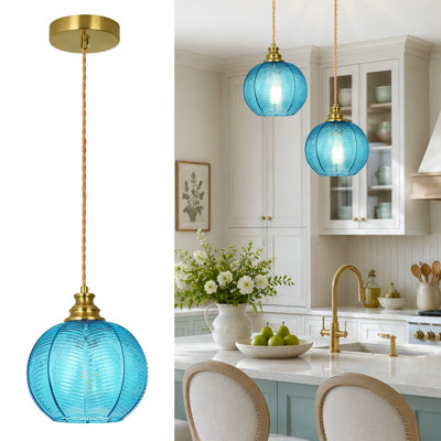  1-Light Pendant Light with Globe Leaf Ribbed Glass Shade for Kitchen Island