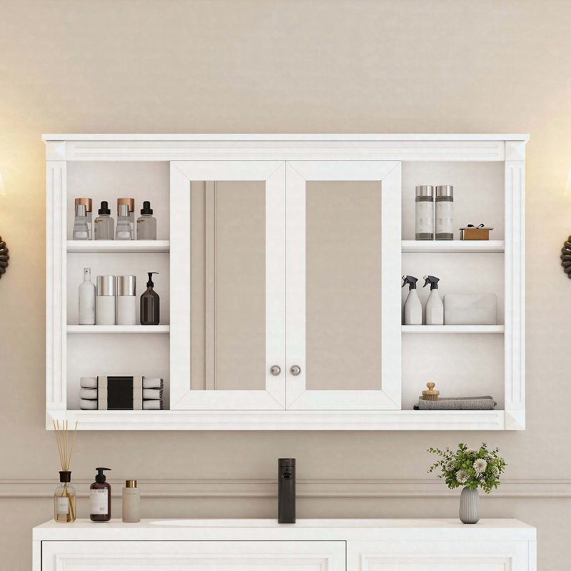 Armoire de salle de bain murale 47 "avec tablettes réglables, rangement ouvert et armoire à pharmacie, Blanc