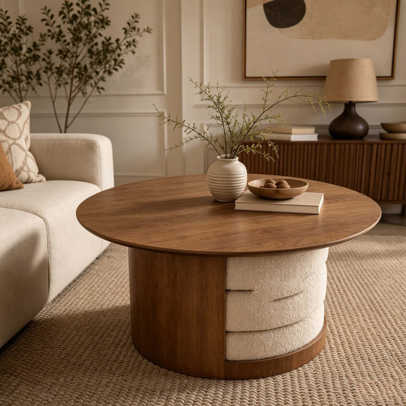 Table basse ronde en bois 31,5 "avec 3 tabourets gigognes en tissu Teddy, ensemble de table centrale multifonctionnel avec rangement caché Farmhouse