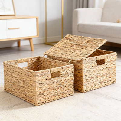 Jinei Handwoven Water Hyacinth Storage Baskets, 12-Pack Cube Bins With Handles For Home Organization, Foldable Laundry And Pantry Organizers