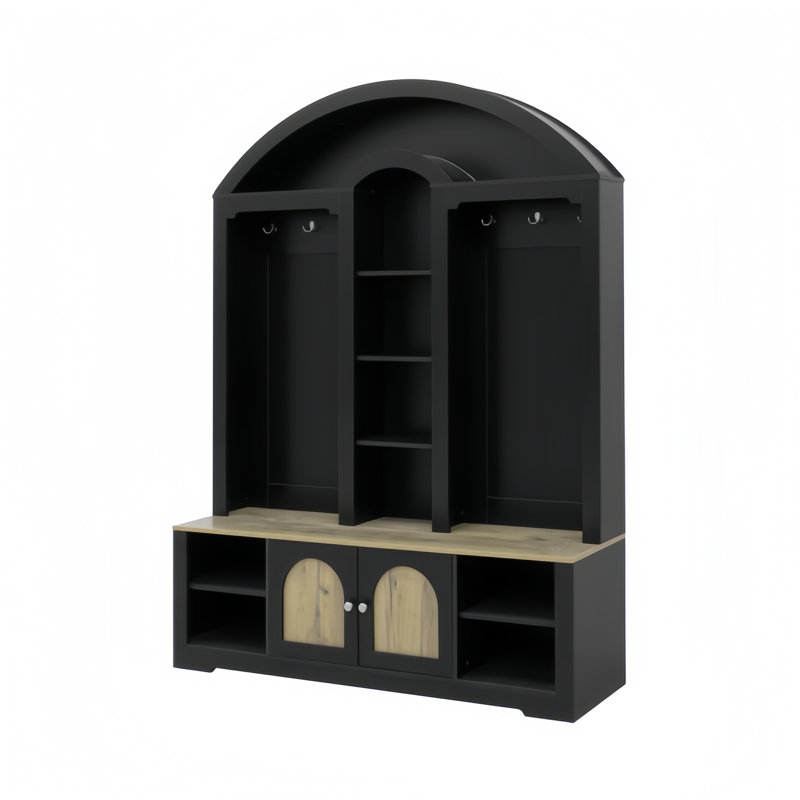 Multi-Functional Wardrobe With Shoe Racks, Clothes Hangers, And Hooks - Sturdy MDF Modern Entrance Wardrobe, Black