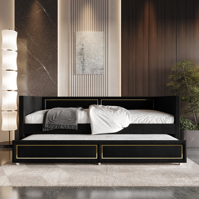 Upholstered Velvet Daybed with Trundle Bed, Black